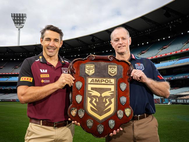 State of Origin coaches Billy Slater and Michael Maguire with the shield. Picture: Mark Stewart