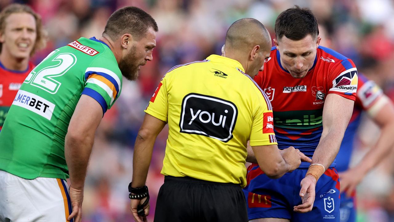 Tyson Gamble points to a bite mark on his arm. Picture: Getty