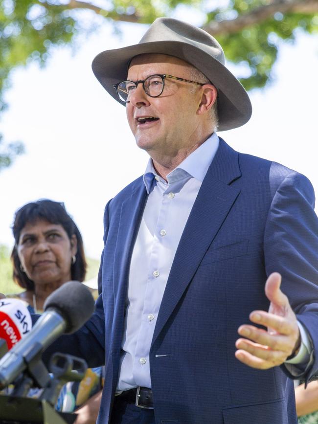 Leader of the Opposition Anthony Albanese speaking after the Bombing of Darwin 80 years ceremony on Sunday. Picture: Floss Adams.