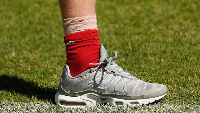 Charlie Spargo’s strapped ankle. (Photo by Michael Willson/AFL Photos via Getty Images)