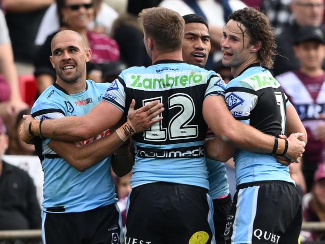 NRL 2024 RD27 Manly-Warringah Sea Eagles v Cronulla-Sutherland Sharks - celebbration. Picture: NRL Photos