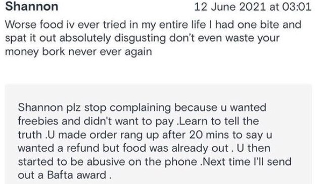 This customer got accused of rating the restaurant one star because they didn’t get freebies. Picture: Instagram/takeawaytrauma