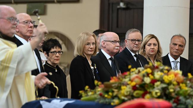 Anthony Albanese and Queensland Premier Annastacia Palaszczuk at the state funeral service for Bill Hayden at St Mary’s Catholic Church, Ipswich. Picture: Lyndon Mechielsen