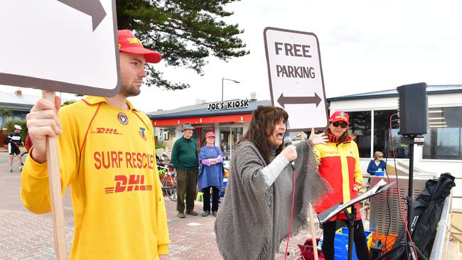 Susan Brame sings her song, Park Free at Henley Square. Picture: AAP Image/ Keryn Stevens