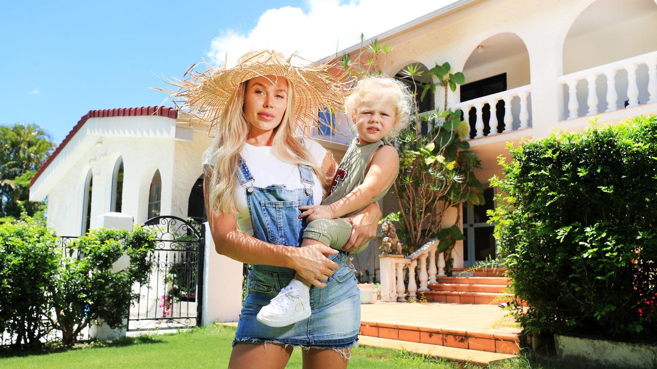 Influencer and ex-Big Brother star Skye Wheatley and her son, Forest, 2, at the Spanish mansion they are renovating after purchasing in 2019 when it was abandoned and left in a dilapidated state. Photo from 2021 by Scott Powick.