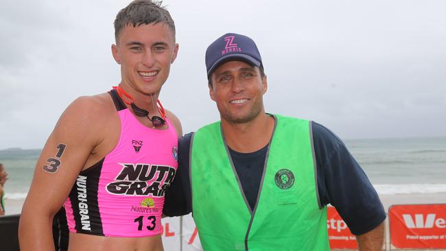 Teenage ironman Zac Morris with ironman legend Ky Hurst. Pic: HarvPix