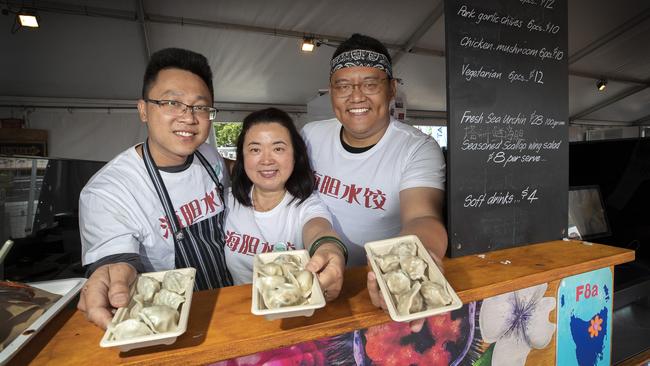 Sea Urchin Dumplings (L-R) William Wong, Nancy Liufujian and Oscar Zheng at The Taste of Tasmania. PICTURE CHRIS KIDD