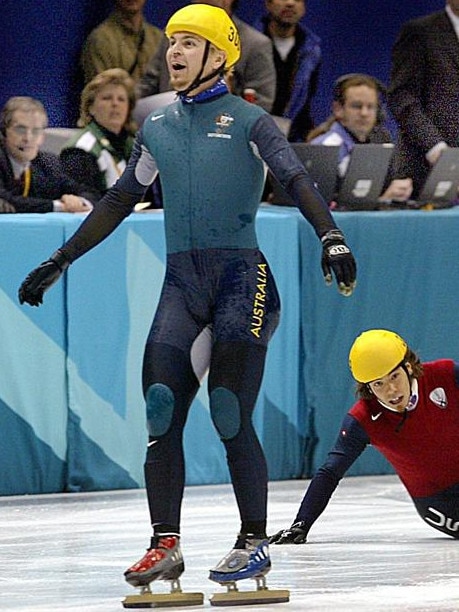 Steven Bradbury famously wins gold in the men’s 1000m short-track finals at the Salt Lake City Winter Olympic Games in 2002.