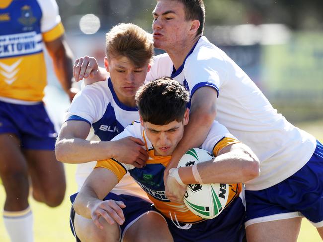 Sean Russell scores the first try for his team Patrician Brothers Blacktown in their NRL Schoolboy Cup match against St Dominic's College at Windsor Leagues Club. Picture: Jonathan Ng