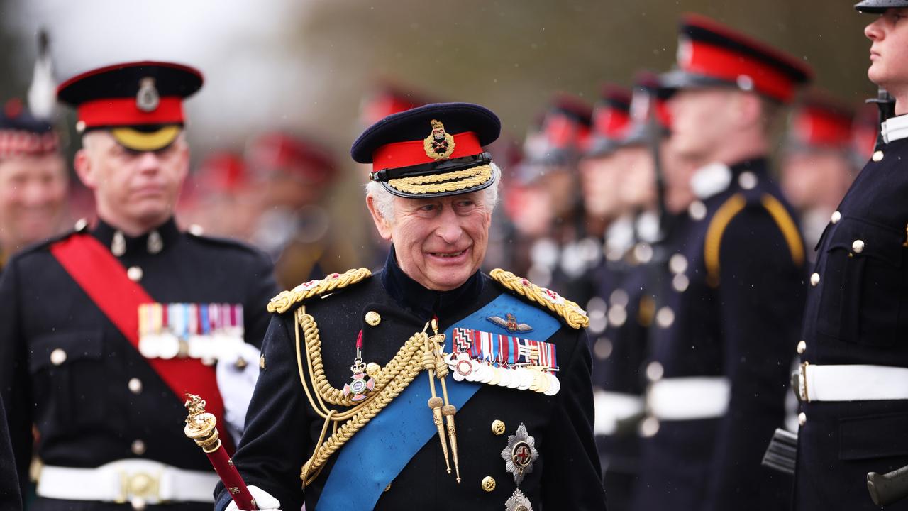 King Charles III inspects the 200th Sovereign’s parade at Royal Military Academy Sandhurst on Friday. Picture: Dan Kitwood/Getty