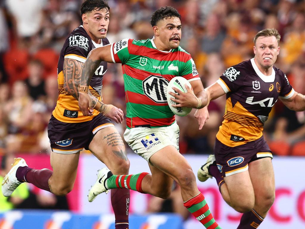 Latrell Mitchell showed some nice touches but was outpointed by rival fullback Reece Walsh. Picture: Getty Images