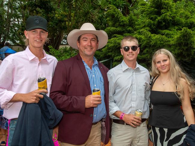 (From left) Dylan James, Clint James, Sam Ashby and Shelby Caldwell. Weetwood Raceday at Toowoomba Turf Club. Saturday, September 28, 2024. Picture: Nev Madsen.