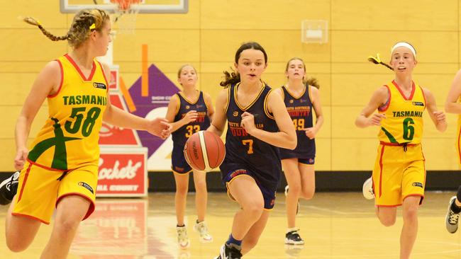 Taylah Cameron brings the ball down the court for SA Country Wombats against Tasmania Tigers in the Adelaide Invitational Challenge at The Lights Community and Sports Centre. Picture: Michael Marschall