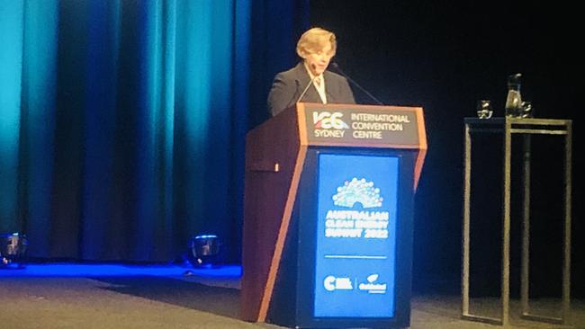 Tesla Chair Robyn Denholm speaking at the Australian Clean Energy Summit in Sydney.