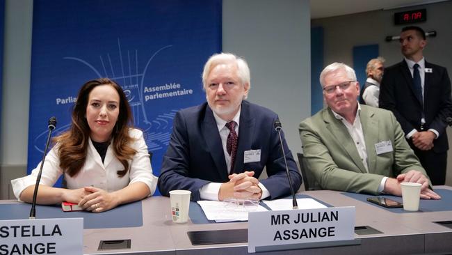 Assange with wife Stella and editor-in-chief of WikiLeaks Kristinn Hrafnsson. Picture: WikiLeaks / X