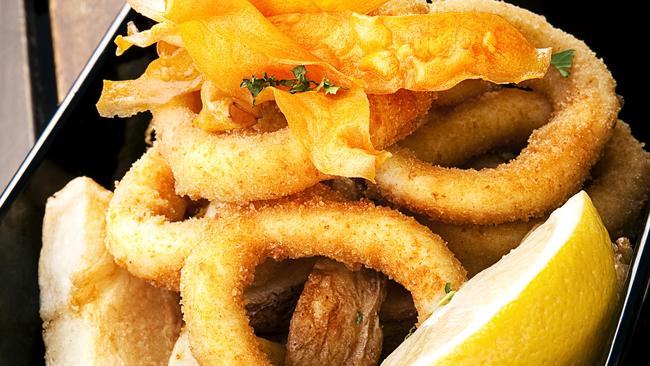 Calamari and chips with shaved sweet potato from Mongers.