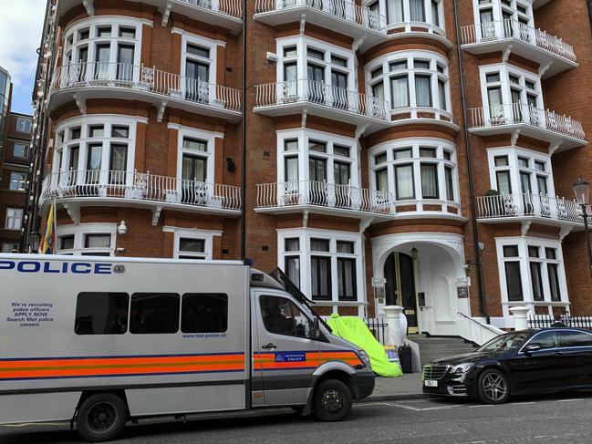 A police van parked outside the Ecuadorean Embassy in London after Julian Assange’s arrest. Picture: AP