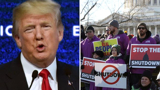 US President Donald Trump speaks at the World Economic Forum as workers and their families protest the US government shutdown.