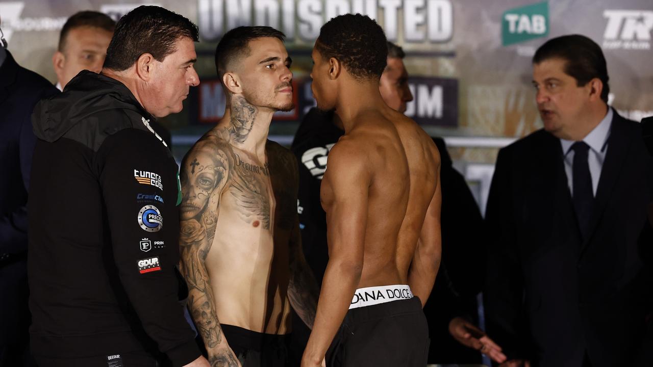 MELBOURNE, AUSTRALIA - JUNE 04: George Kambosos Jr and Devin Haney face off during the weigh in for the World Lightweight Championship bout between George Kambosos and Devin Haney at Margaret Court Arena on June 04, 2022 in Melbourne, Australia. (Photo by Darrian Traynor/Getty Images)