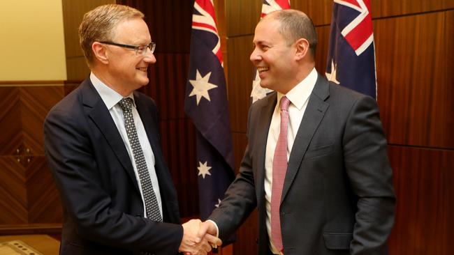 RBA governor Philip Lowe meets with Treasurer Josh Frydenberg last week. Picture: David Geraghty