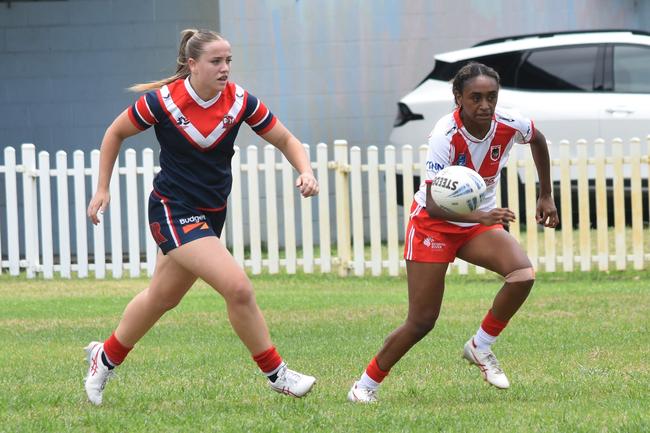 Mhia Taylor (left) and Malu-Sianne Auda eye off the loose ball. Picture: Sean Teuma. NSWRL Junior Reps 2025 - Tarsha Gale Cup trial - St George Dragons vs Sydney Roosters at Mascot Oval, 11 January 2025