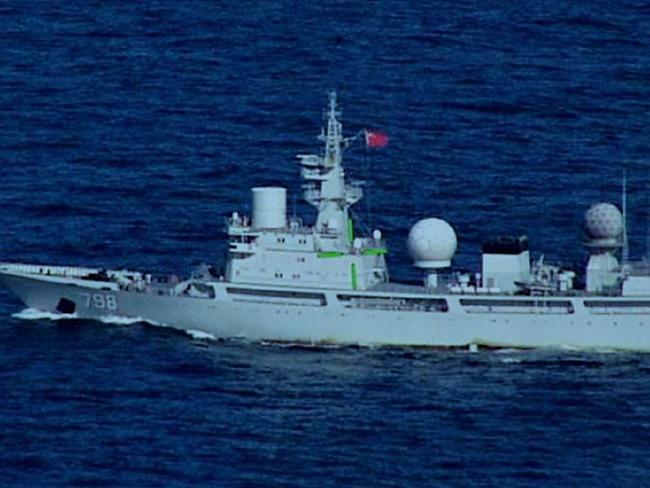 The PLA Navy General Intelligence Ship Yuhengxing operating off Australia's east coast in August 2021. The green crosshair is a standard feature of ADF imaging equipment. Picture: Australian Department of Defence