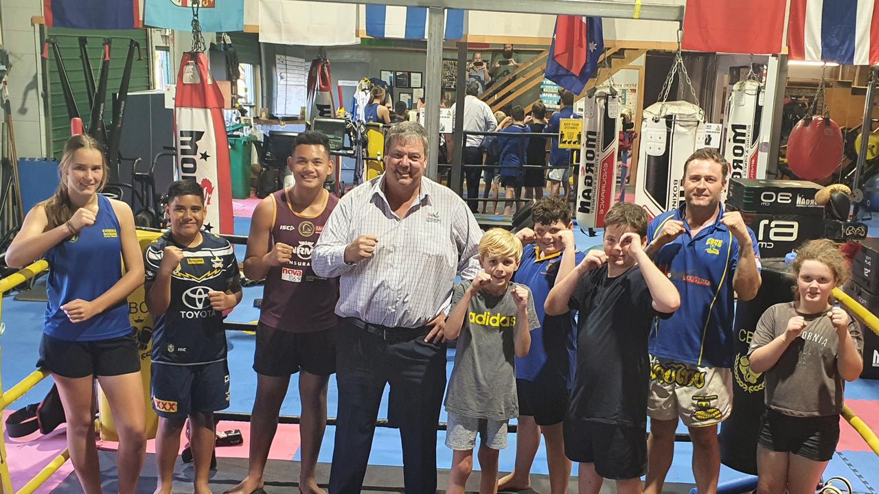 Whitsunday Mayor Cr Andrew Willcox and Bowen personal trainer Wes Bau with Willow Gaffeny, Eneliko Savelio, Maikeli Savelio, James Chambers, Taj Morrissey, Locky Scharf and Bailee Tapp at the gym, which welcomes all ages and abilities. Picture: Supplied.