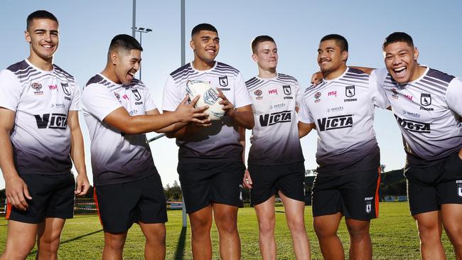 Wests Magpies forwards Tallyn Da Silva, Jeremiah Leatigaga, Jordan Miller, Lachlan Galvin, James Folaumoetui and Kit Laulilii. Picture: Richard Dobson