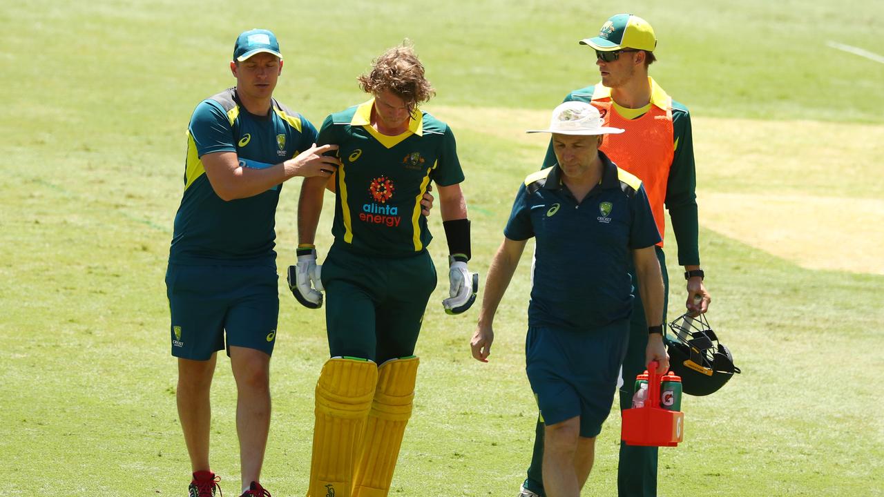Will Pucovski retires hurt during the tour match between the Australia XI and the England Lions . Photo: Chris Hyde/Getty Images for ECB.
