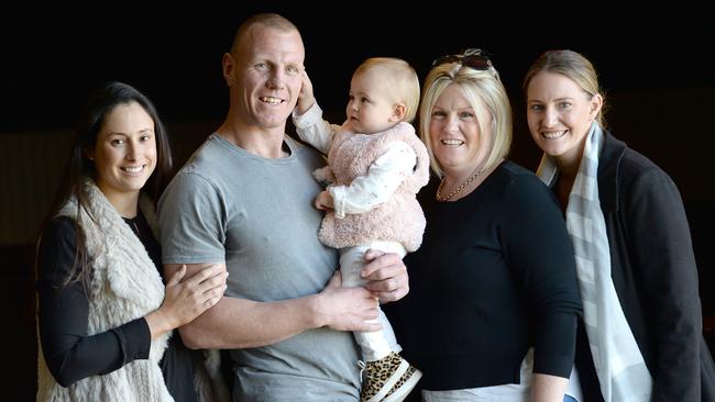 Luke Lewis with his family. (L to R) Sonia (wife), Luke and baby Hazel, mother Sharon and sister Krystie. Picture: Jeremy Piper