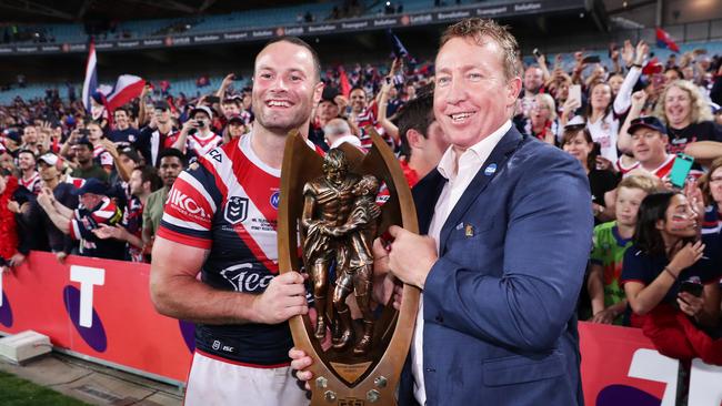 Roosters captain Boyd Cordner and coach Trent Robinson celebrate the 2019 NRL grand final win. Picture: Matt King/Getty Images