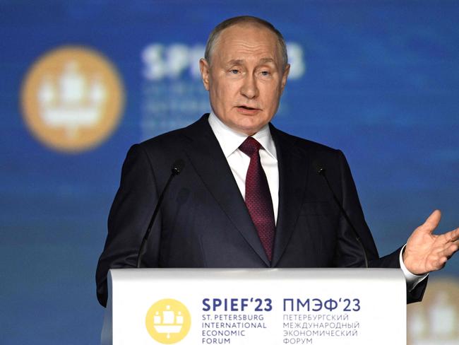 Vladimir Putin gives a major speech at the Saint Petersburg International Economic Forum. Picture: AFP