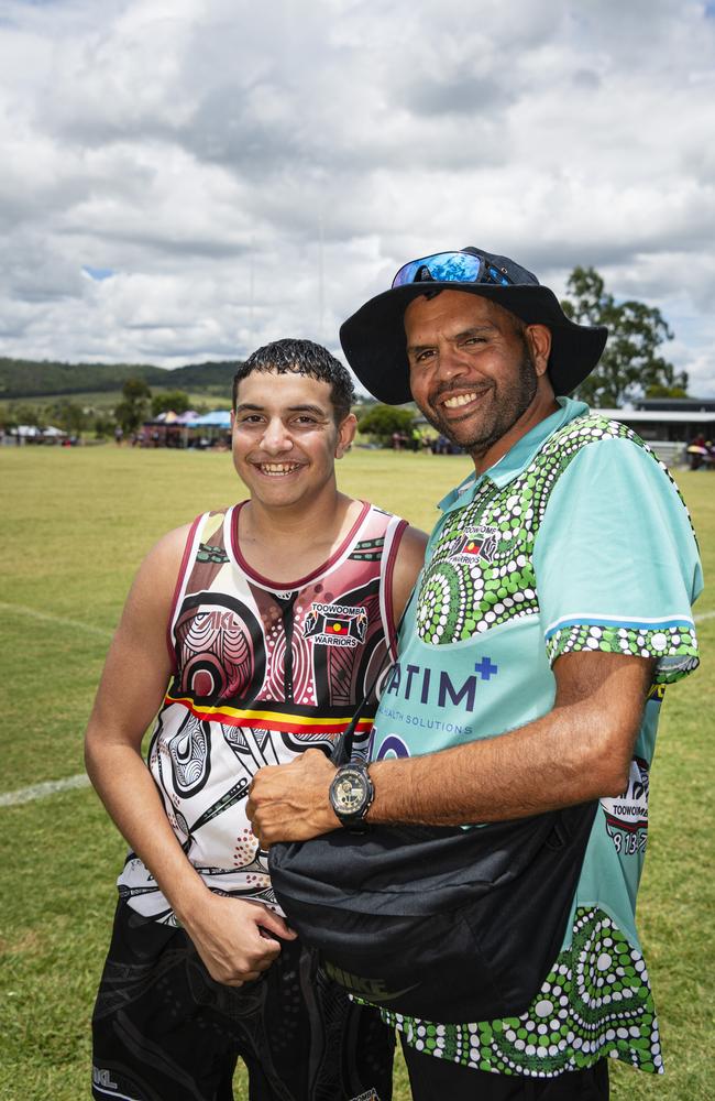 Chris Nelson (left) and Alfred Orcher at the Warriors Reconciliation Carnival women's games at Jack Martin Centre hosted by Toowoomba Warriors, Saturday, January 18, 2025. Picture: Kevin Farmer