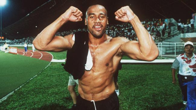 Jonah Lomu - NZ - Celebrates Win over Fiji headshot sport rugby union arms raised bare chest