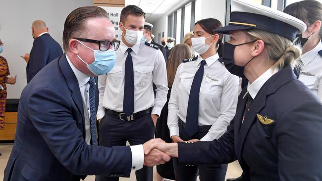 Qantas Group CEO Alan Joyce meets pilots at the official opening of the new airline’s flight training centre in Brisbane. Picture: John Gass/NCA NewsWire