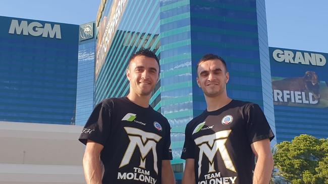 Australian boxing twins Andrew and Jason Moloney outside the MGM Grand in Las Vegas, Nevada. Picture: Supplied