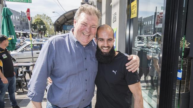 Neil Balme and Bachar Houli outside The Sporting Globe. Picture: Jason Edwards