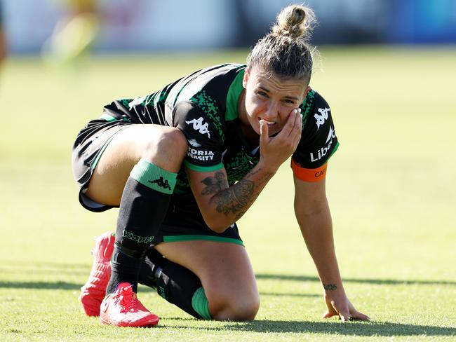 Chloe Logarzo takes a knock during the A-League Women Round 17 match against Wellington. Picture: Getty