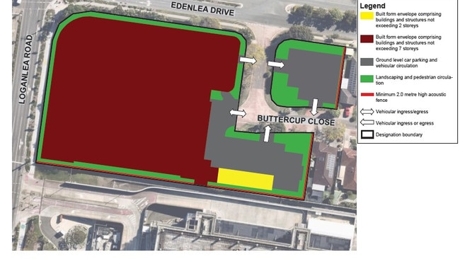 Red shows where the health centre will be built on Buttercup Close with carparking in the grey areas. The complex will eventually include a pharmacy, medical imaging, a cafe and retail outlets. Logan Hospital is pictured at the bottom of the image.