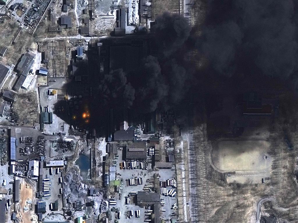 Burning oil storage tanks and industrial area in Chernihiv, Ukraine.