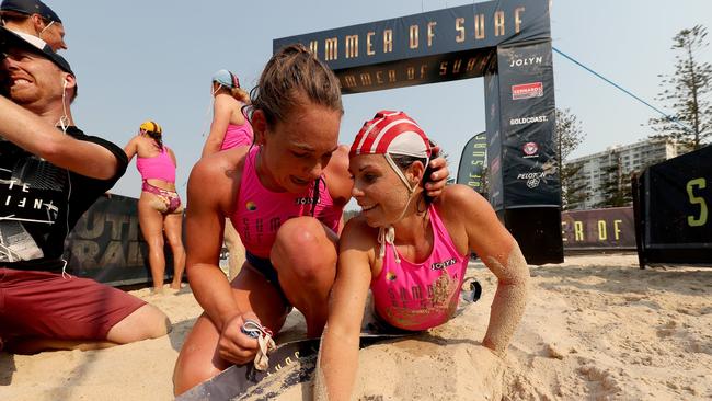 Bec Wiseman (right) and a competitor chat after she took out the Summer of Surf board final.Image - Shane Myers © 2019 SOS