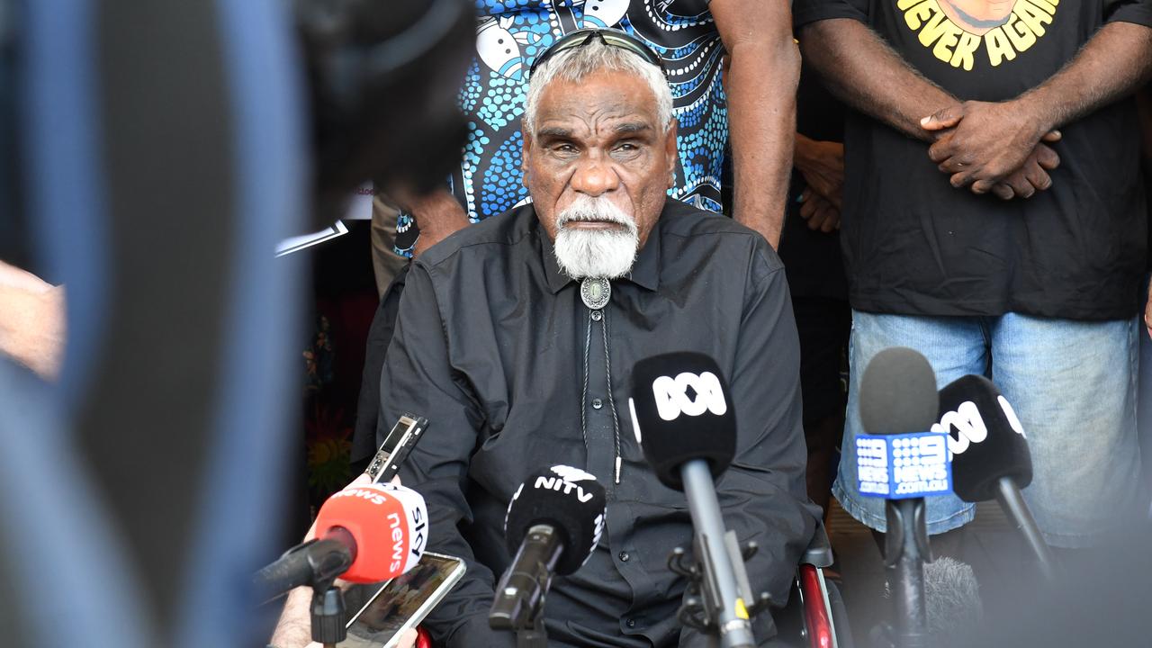 Ned Jampijinpa Hargraves addresses the media outside the NT Supreme Court after Zach Rolfe was acquitted on all charges over the shooting death of Kumanjayi Walker. Picture: (A)manda Parkinson