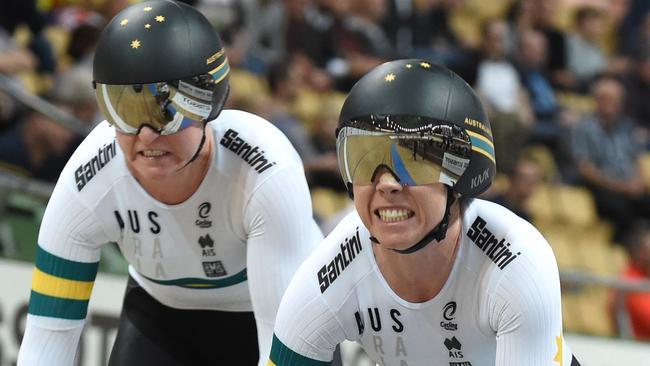 Australia's Kaarle McCulloch and Stephanie Morton have won their first teams sprint gold medal together. 