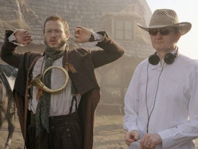 Ledger and dialect coach Gerry Grennell on the set of The Imaginarium of Doctor Parnassus.