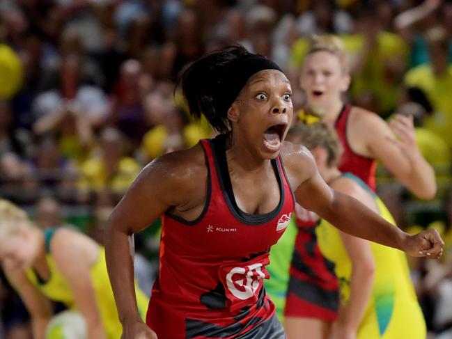 Eboni Beckford-Chambers of England celebrates at full time after winning the Netball Gold Medal match Australia and England on day eleven of competition at the XXI Commonwealth Games on the Gold Coast, Australia, Sunday, April 15, 2018. (AAP Image/Tracey Nearmy) NO ARCHIVING, EDITORIAL USE ONLY