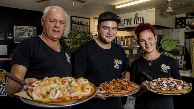 Creative Pizza’s Ron Rezuk, Michael Hamad and Kaisee Cook. Picture: Jerad Williams