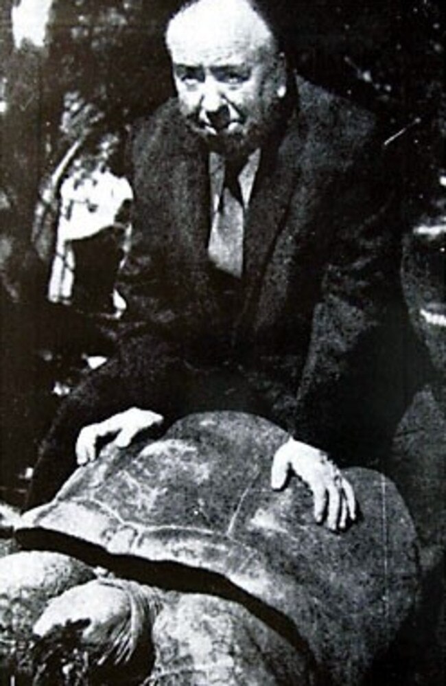 Film director Alfred Hitchcock riding an Aldabran tortoise at Taronga Zoo in Sydney in 1960. Picture: Animal &amp; Wildlife Centre Historical