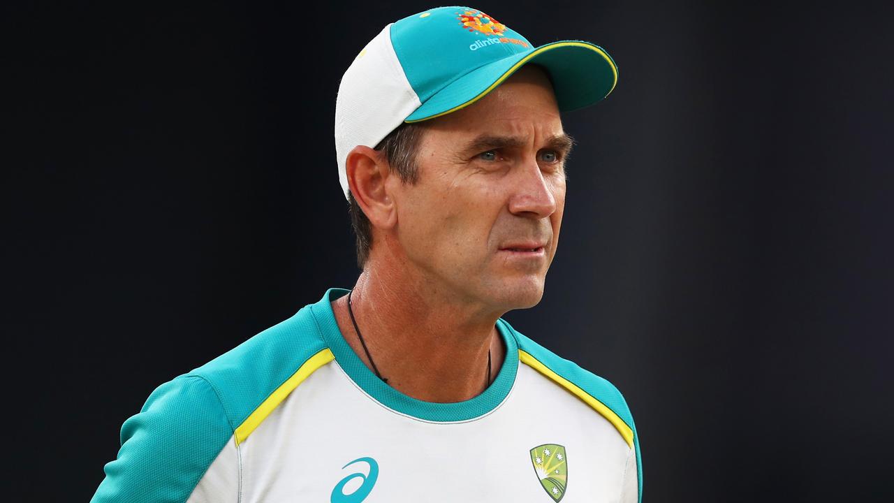 DUBAI, UNITED ARAB EMIRATES - NOVEMBER 14: Australia cricket cricket coach Justin Langer looks on prior to during the ICC Men's T20 World Cup final match between New Zealand and Australia at Dubai International Stadium on November 14, 2021 in Dubai, United Arab Emirates. (Photo by Matthew Lewis-ICC/ICC via Getty Images)