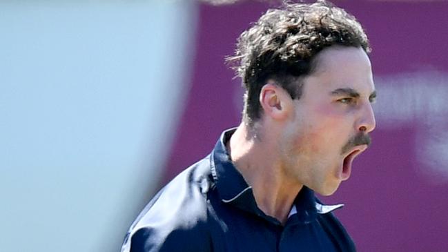 Lewis Eldridge of Yarraville celebrates taking a wicket during the Victorian Sub-District Cricket Association match between Yarraville and Oakleigh at Yarraville Oval, on October 12, 2024, in Melbourne, Australia. (Photo by Josh Chadwick)