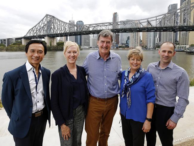 Committee for Brisbane members Li Cunxin, Tracy Stockwell OAM, Steve Wilson AM, Julieanna Alroe and Brendan Christoe at the Howard Smith Wharves. Picture: Josh Woning/AAP.